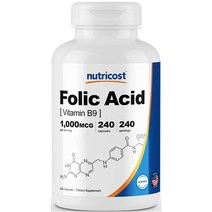뉴트리코스트 엽산(비타민 B9) 1 000mcg 캡슐 240캡슐 1서빙 1 000mcg 240회분 Folic Acid (Vitamin B9) Capsules, 1개