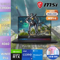 MSI 노트북 PULSE 17 B13VFK-i9 WIN11 PRO 게이밍 고성능 노트북, 32GB, 3TB, 코어i9, 블랙
