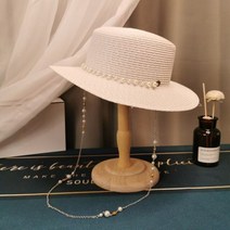 커플 라피아햇 라탄 여자 밀짚모자 비치여름 진주 체인 여자용 플랫 모자 Chapeau Feminino 밀짚 와이드 자외선 방지 비치