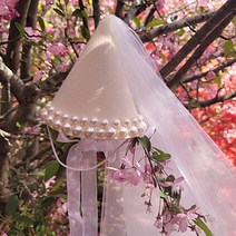 진주 포인트 파티햇 생일 파티 용품 베일 면사포 브라이덜샤워 할로윈 꼬깔모자, 아이보리 고무줄추가
