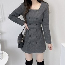 스퀘어넥 노카라 더블버튼 모직 울 자켓 원피스