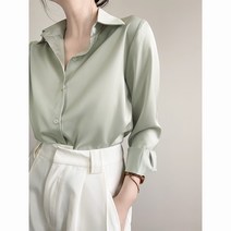 FANSYLI 여성 봄 가을 캐주얼 셔츠 슬림 새틴 블라우스