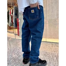 Carhartt칼하트 남녀공용 로고패치 스트레이트 일자핏 난스판 데님팬츠 2컬러 칼하트청바지 세미와이드진