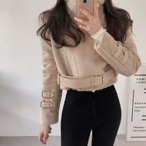 리얼양털자켓 코트 두꺼운 플러시 칼라 스웨이드 숏 및 재킷 여성용 DE33 패션 우아한 벨트 지퍼 모토 바이커 겨울 176399