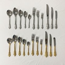 빈티지 엘레강스 양식 커트러리 실버 골드 퀸 양식기 포크 스푼 나이프 티포크 버터나이프, 디너나이프