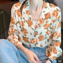 가바바 여성 빅사이즈 긴팔 블라우스 오렌지 로즈패턴 심플릿 셔츠 블라우스 5XL 까지 G59246