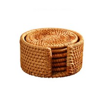 살림의기술 라탄 컵받침 티코스터 10cm x 6p + 홀더세트, 우드