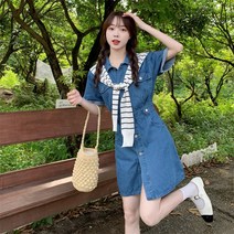 실사빅사이즈여성의류 통통mm중롱한국판허리조임반팔케이프느낌데님원피스드레스