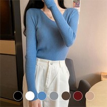 셀러허브(잡화) 여자 딱붙는 V넥 골지니트 슬림핏 긴팔티