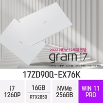 LG전자 그램17 2022 17ZD90Q-EX76K RTX2050 인텔 12세대 최신 가벼운 오토캐드 17형 고사양 기업 전문가용 노트북 + 무선마우스 / 패드, WIN11 PRO, 16GB, 256GB
