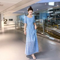 쉬폰 허리 스트링 롱원피스 프렌치 스퀘어넥 리틀 데이지 플라워 원피스 여름 꽃잎 소매 기질