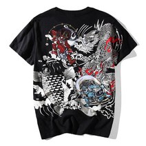 조폭 티셔츠 화려한 그림 자수 용 천둥신 문신 반팔 에스닉