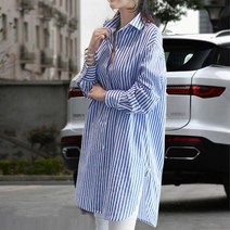 OOA072516여성 캐주얼룩 데이트 오피스 블루 스트라이프 롱셔츠