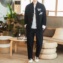 남자 긴팔 가을 자수 복고 고급 퓨전 개량 한복 세트 투피스 한벌