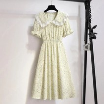 빅사이즈 플라워 패턴 원피스 레이스 빅카라 퍼프소매 슬림 미디 쉬폰 원피스 [S-3XL]