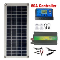 솔라판넬 태양광모듈 태양전지 캠핑 패널 판넬 차량용1000w 인버터 태양 전지 세트 12v 태양 전지 10a-60a 컨트롤러 태양열 플레이트 키트 전화 rv 자동차 야외 499, 1000w 인버터 - 60a, 1개