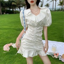 퍼프소매원피스 부드러운 헵번풍 프렌치 첫사랑 러블리 극 스윗 달짝지근함 가염 여신 무드 벌룬소매 점프슈트 3643986561, 흰원피스 S