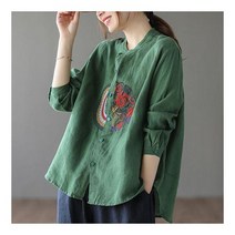 린넨긴팔셔츠 린넨 셔츠 블라우스 민족 스타일 여성 코튼 복고풍 자수 봄 가을 루즈핏 긴팔 싱글 단추