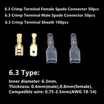 200pcs 2.84.86.3mm 절연 여성 남성 압착 단자 커넥터 키트 스페이드 압착 단자 씰 전기 와이어 커넥터, 6.3mm 200개(골드)