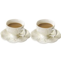 Le Pei 유로피안 스타일 레트로 오치드 라지 세라믹 커피잔 + 받침 세트, 2개, 퓨어 화이트