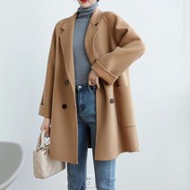 캐주얼 겨울 여성아우터 코트 빈티지 여성 더블 브레스트 모직 심플한 블랙 울 롱 루즈 슈트 오버코트 가을