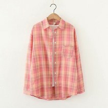 카라넥 면 오피스 체크 벗기다 어깨 긴 소매 와이셔츠 빅사이즈 여성 싱글 버튼 캐쥬얼 스왈로우 테일식 3750697862, 핑크. 옐로우