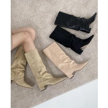 셔링 스퀘어 주름 미들 커버업 스웨이드 PU 가죽 롱부츠