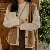 로로텐 배색 하찌 니트 조끼 브이넥 여성 빅사이즈