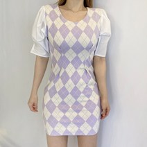 다모 다이아 아가일 핀턱 퍼프소매 미니원피스