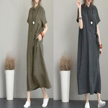 우아한 린넨 카라 여성 롱 원피스 시원한 30대 피크닉 여행 룩 40대 루즈 오버 핏 반팔 여름 치마 빅 사이즈 퍼프 소매 모던 데일리 베이직한 편한 드레스 A라인 여리여리 프릴