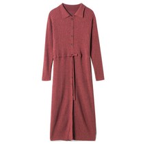 2021 가을과 겨울 새로운 인형 칼라 허리 묶인 중간 길이 드레스 한국어 스타일 순수 컬러 니트 스웨터 드레스 도매