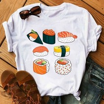 여성용 블랙 티셔츠 귀여운 스시 포옹 반팔 팜므
