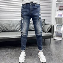 JIJI스타일리시 슬림 워싱 발스판 데님 팬츠 남자 개성 프린트 와펜 심플 컴포트 유러피안 팬츠, 30 115-125근 적합, 371-2 슬림핏