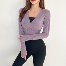 요가 가디건 랩 숏 긴팔 브이넥 여성 핑거홀 로브 블루 필라테스 리본 CA19402F