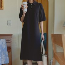 로로텐 피케 카라 반팔 롱 원피스 스판 무지 허리끈 빅사이즈