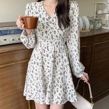 플라워 패턴 허리 스트랩 원피스 나들이 소풍 패션 끈 브이넥