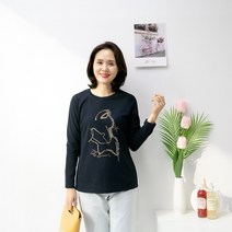 엄마옷마미소 피카소라운드셔츠 큐빅장식티 라운드 넉넉한티 무지 베이직 심플 레터링 미시옷 빅사이즈 긴팔 면스판티 세련된 마담옷 중년여성 40대 50대 중년여성의류 긴팔