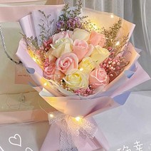 드라이플라워 비누꽃 시들지않는 꽃다발 생일 추석, 하얀 아기의 숨결+핑크장미 11송이