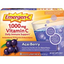 Emergen-C 1000mg 비타민 C 분말 항산화제 B 및 전해질 면역 지원을 위한 보충제 무카페인 탄산 음료 믹스 아사이 베리 맛 - 30개/1개월 공급, [01] 아사이 베리
