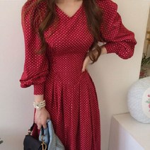 [랜덤플레이] 복고풍 브이넥 벌룬소매 퍼프 롱 원피스