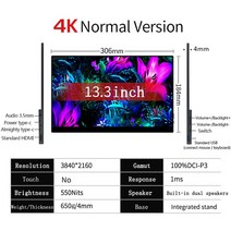 포터블모니터 15.6 13 인치 OLED 4K UHD 터치스크린 휴대용 C 타입 HDMI 호환 Xbox 스위치 노트북용 외부 게임, 13.3 OLED 4K+EU 플러그