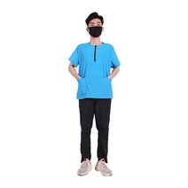 애견미용가운 빅사이즈 미용사복 애견샵 동물병원 수의사 털 안붙는 유니폼, XL, 8 짧은 지퍼 블루 미들 슬리브