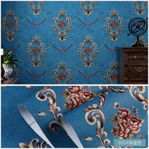 포인트 실크 아트월 벽지 아메리칸 레트로 블루 빈티지 앤틱 셀프도배 유럽풍 럭셔리 펠트 3, 8052 옐로0.53X3m