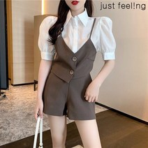 just feel!ng여름 여성 반팔 나시 조끼 이음 반바지 상하 투피스 셔츠 배색 칼라 오피스룩 데이트 세트