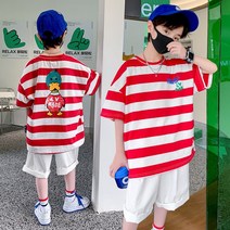 빠빠야네 키즈 주니어 남아 오리밍툰 스트라이프 반바지세트