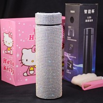 스마트 보온병 온도표시 500ml 온도 디스플레이 다이아몬드 병 스테인레스 스틸 물병 블링 라인 석 진공 플라스크 커피 컵, [01] 500ml, [11] AB Silver