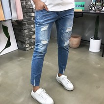 용된다 남자 가을 스판 찢어진 슬림핏 청바지