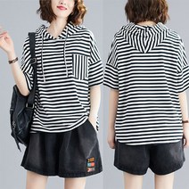 여성 면 루즈핏 캐주얼 빅사이즈 스트라이프 포켓 후드티