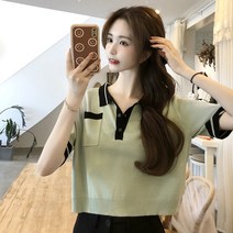 박시반팔티 블러킹 니트반팔 카라셔츠 와이드 루즈핏 캐쥬얼 시크 보이핏 볼륨 티셔츠 여성 여름 얇은 2239821258