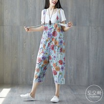 도오빠 여성 데님 멜빵바지 8부 청바지 꽃무늬 점프슈트 배기팬츠 여자청바지